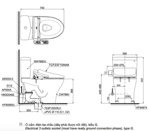 Bồn cầu TOTO CS769DRW18 2 khối nắp điện tử TCF23710AAA Washlet C2 cơ bản