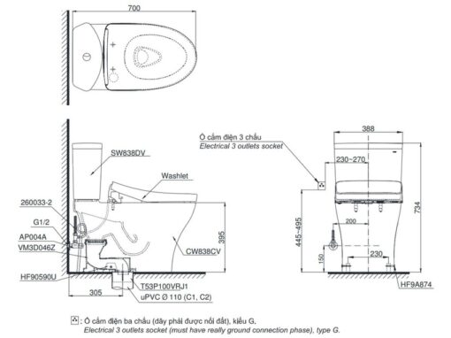 Bồn cầu TOTO CS838CDW12 2 khối nắp điện tử Washlet S7 TCF4911EZ giấu dây