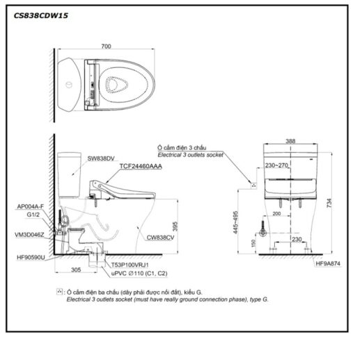 Bồn cầu TOTO CS838CDW15 2 khối nắp điện tử Washlet C5 TCF24460AAA giấu dây