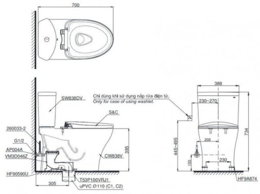 Bồn cầu TOTO CS838CDW15 2 khối nắp điện tử Washlet C5 TCF24460AAA giấu dây