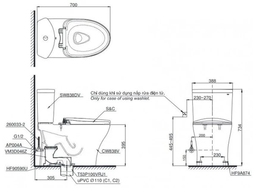Bồn cầu TOTO CS838CDW15 2 khối nắp điện tử Washlet C5 TCF24460AAA giấu dây 9 Bồn cầu TOTO CS838CDW15 2 khối nắp điện tử Washlet C5 TCF24460AAA giấu dây