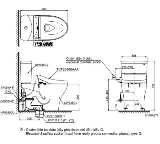Bồn cầu TOTO CS838CDW17 2 khối nắp điện tử Washlet C2 TCF23460AAA giấu dây