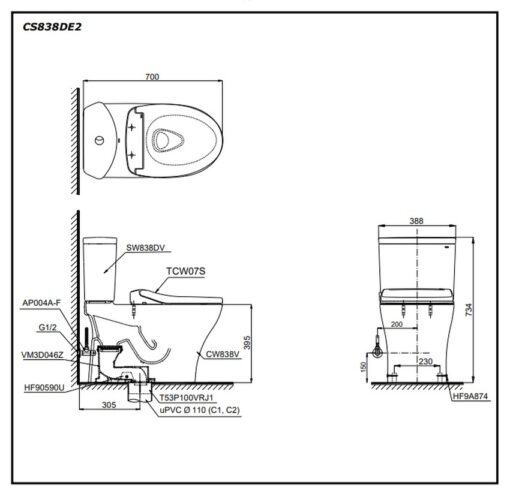 Bồn cầu TOTO CS838DE2 2 khối nắp rửa cơ TCW07S