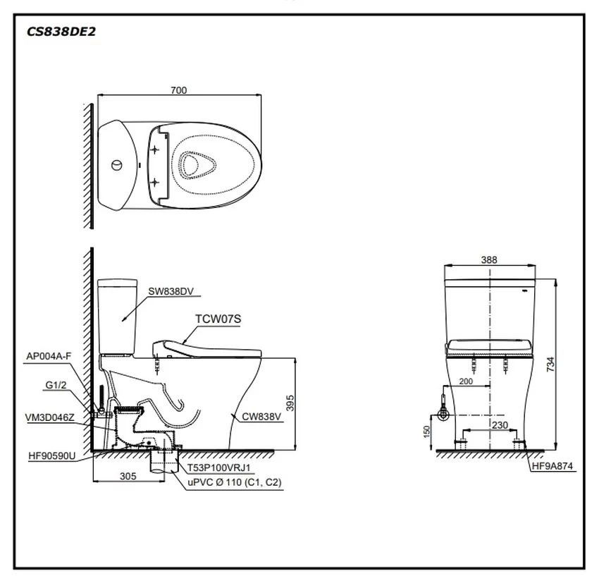Bồn cầu TOTO CS838DE2 - SKU: CS838DE2#XW Bồn cầu TOTO CS838DE2 2 khối nắp rửa cơ TCW07S - SKU: CS838DE2#XW