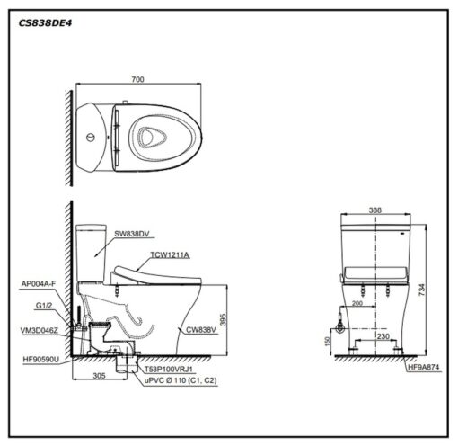 Bồn cầu TOTO CS838DE4 2 khối nắp rửa cơ TCW1211A