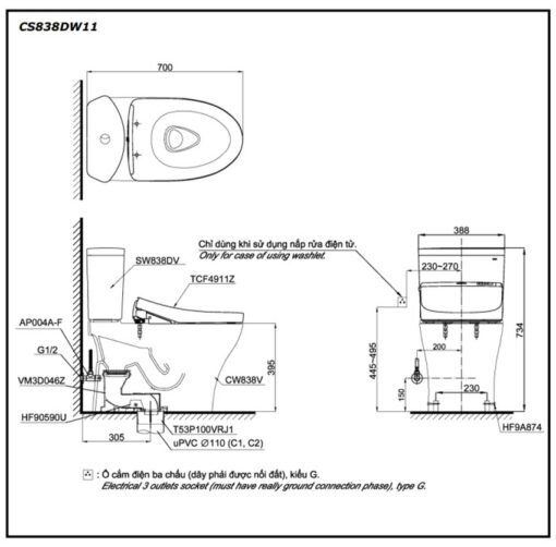 Bồn cầu TOTO CS838DW11 2 khối nắp điện tử Washlet S7 TCF4911Z