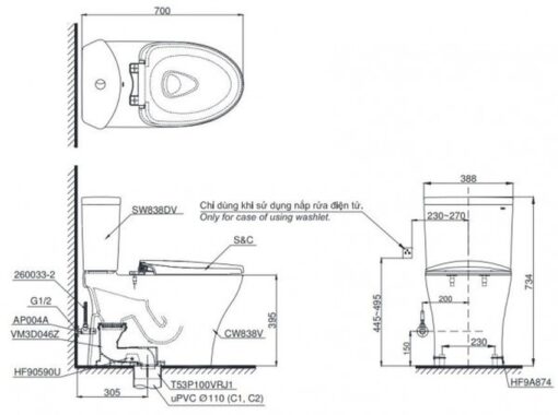 Bồn cầu TOTO CS838DW14 2 khối nắp điện tử Washlet C5 TCF24410AAA