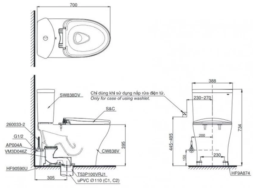 Bồn Cầu TOTO CS838DW14 chi tiết Bồn cầu TOTO hai khối nắp điện tử Washlet C5
