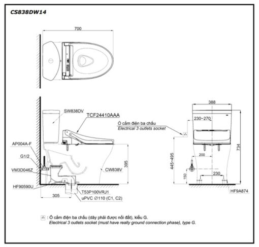 Bồn cầu TOTO CS838DW14 2 khối nắp điện tử Washlet C5 TCF24410AAA