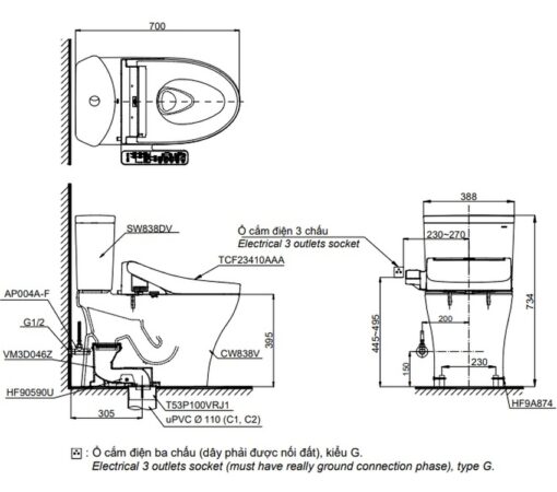 Bồn cầu TOTO CS838DW16 2 khối nắp điện tử Washlet C2 TCF23410AAA