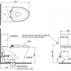 Bồn cầu TOTO CS838DW18 2 khối nắp điện tử TCF23710AAA Washlet C2 cơ bản