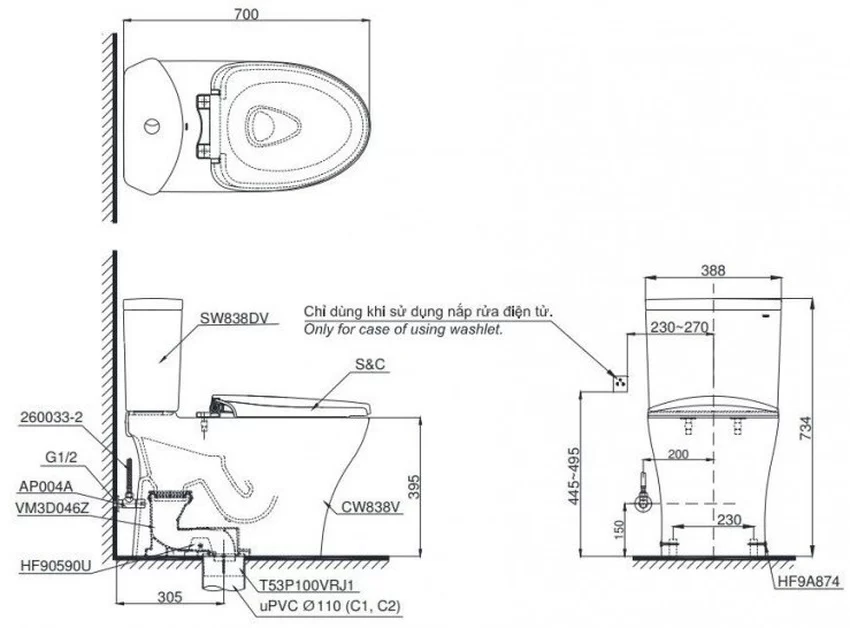 Bồn cầu TOTO CS838DW18 SKU: CS838DW18#XW Bồn cầu TOTO CS838DW18 nắp điện tử TCF23710AAA Washlet C2 - Hải Yến Home