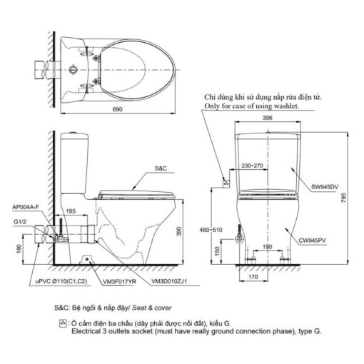 Bồn cầu TOTO CS945PDW16 2 khối nắp điện tử Washlet C2 TCF23410AAA thoát ngang