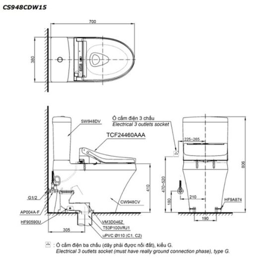 Bồn cầu TOTO CS948CDW15 2 khối nắp điện tử Washlet C5 TCF24460AAA giấu dây