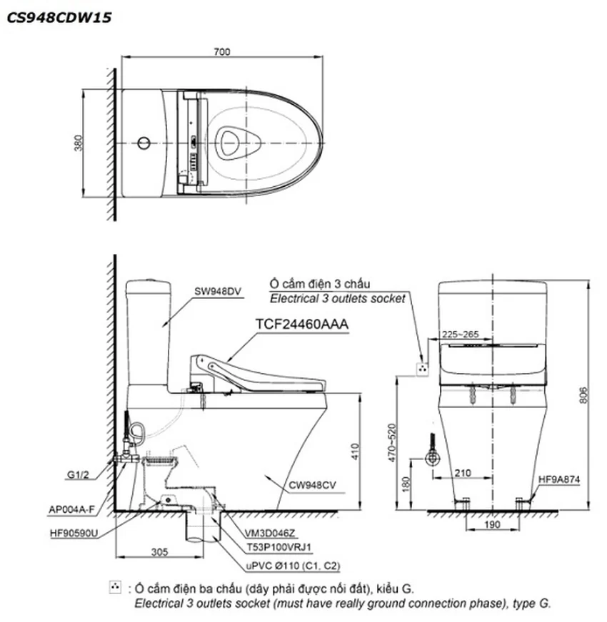 Bồn cầu TOTO CS948CDW15 Bồn cầu TOTO CS948CDW15 giấu dây