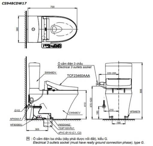 Bồn cầu TOTO CS948CDW17 2 khối nắp điện tử Washlet C2 TCF23460AAA giấu dây