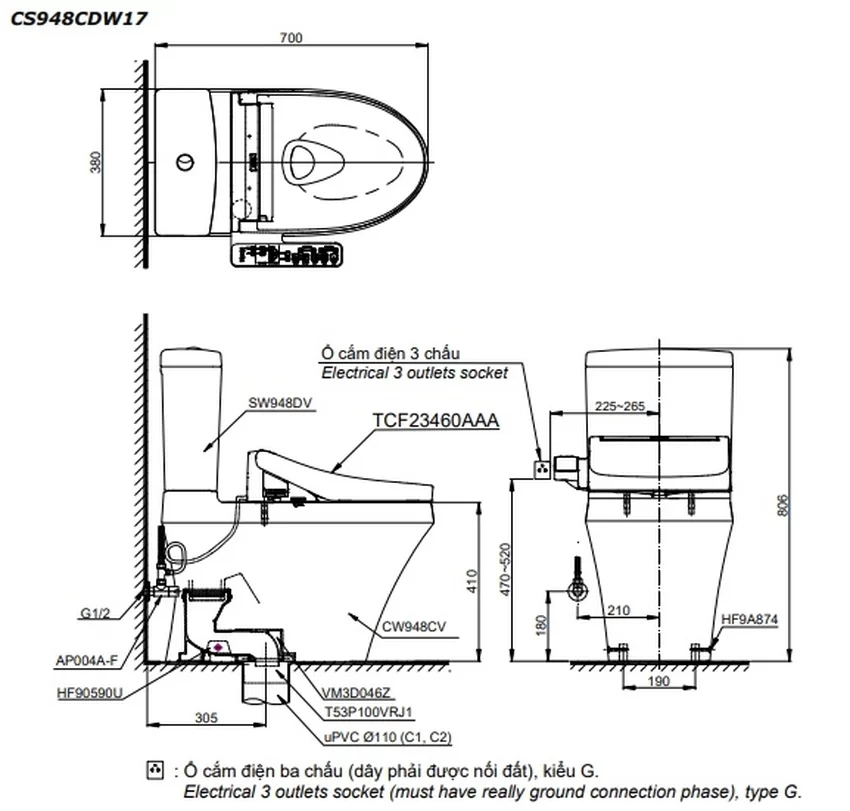 Bồn cầu TOTO CS948CDW17 2 khối nắp điện tử Washlet C2 TCF23460AAA giấu dây 7 Nắp điện tử Washlet C2 của Bồn cầu TOTO CS948CDW17