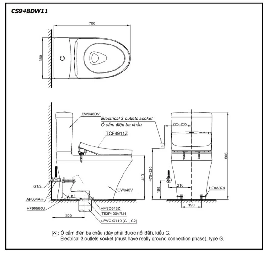 Bồn cầu TOTO CS948DW11 Bồn cầu TOTO CS948DW11 2 khối nắp điện tử Washlet S7 TCF4911Z