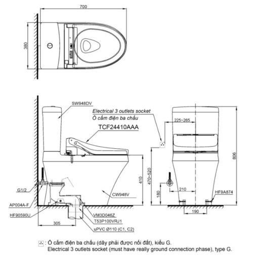 Bồn cầu TOTO CS948DW14 2 khối nắp điện tử Washlet C5 TCF24410AAA