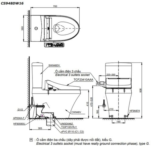 Bồn cầu TOTO CS948DW16 2 khối nắp điện tử Washlet C2 TCF23410AAA