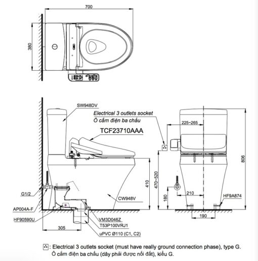 Bồn cầu TOTO CS948DW18 2 khối nắp điện tử TCF23710AAA Washlet C2 cơ bản