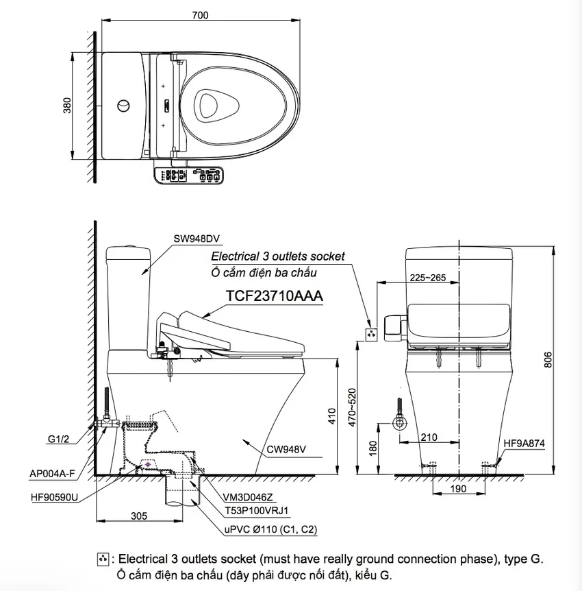 Bồn cầu TOTO CS948DW18 2 khối nắp điện tử TCF23710AAA Washlet C2 cơ bản 9 Bồn cầu TOTO CS948DW18 2 khối nắp điện tử TCF23710AAA Washlet C2 cơ bản
