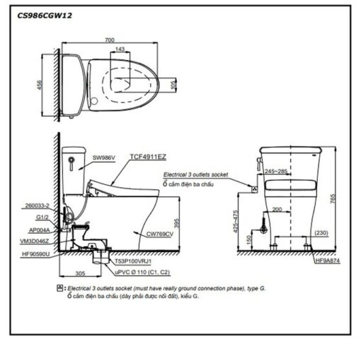 Bồn cầu TOTO CS986CGW12 2 khối nắp điện tử Washlet S7 TCF4911EZ giấu dây