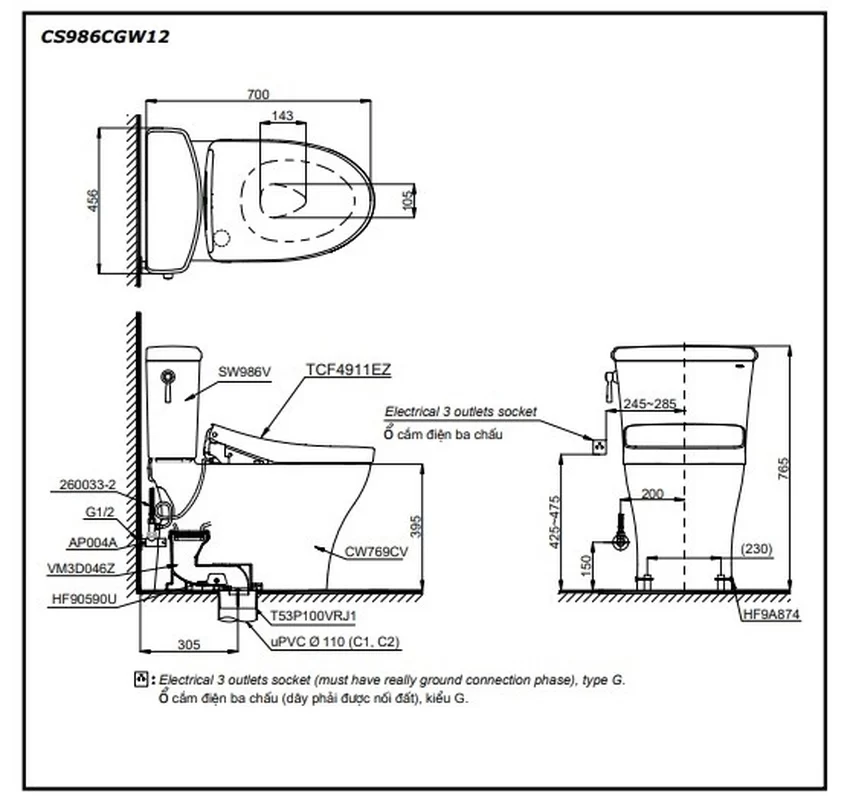 Bồn cầu TOTO CS986CGW12 2 khối nắp điện tử Washlet S7 TCF4911EZ giấu dây 7 Hình ảnh chi tiết Bồn cầu TOTO CS986CGW12 2 khối nắp điện tử Washlet S7