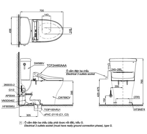 Bồn cầu TOTO CS986CGW15 2 khối nắp điện tử Washlet C5 TCF24460AAA giấu dây