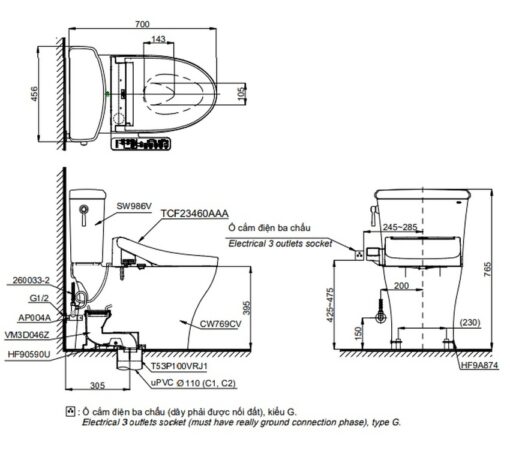 Bồn cầu TOTO CS986CGW17 2 khối nắp điện tử Washlet C2 TCF23460AAA giấu dây
