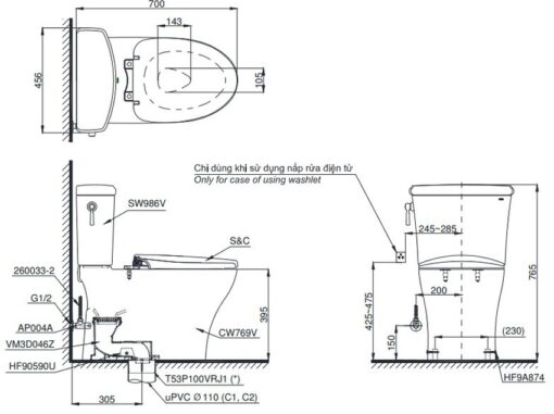 Bồn cầu TOTO CS986GE2 2 khối nắp rửa cơ TCW07S