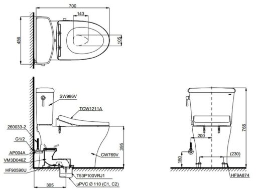 Bồn cầu TOTO CS986GE4 2 khối nắp rửa cơ TCW1211A