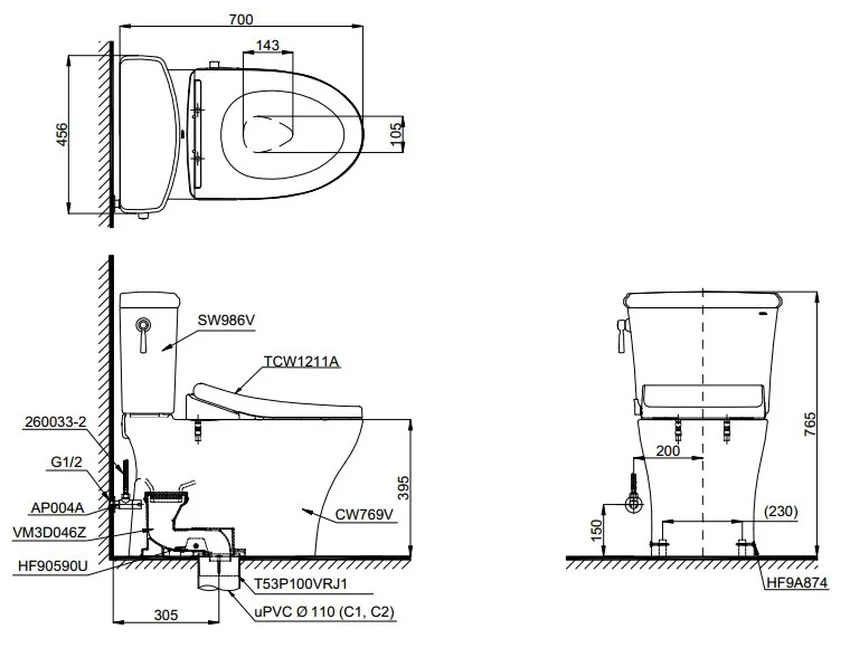 Bồn cầu TOTO CS986GE4 2 khối nắp rửa cơ TCW1211A 10 Bồn cầu TOTO CS986GE4 2 khối nắp rửa cơ TCW1211A
