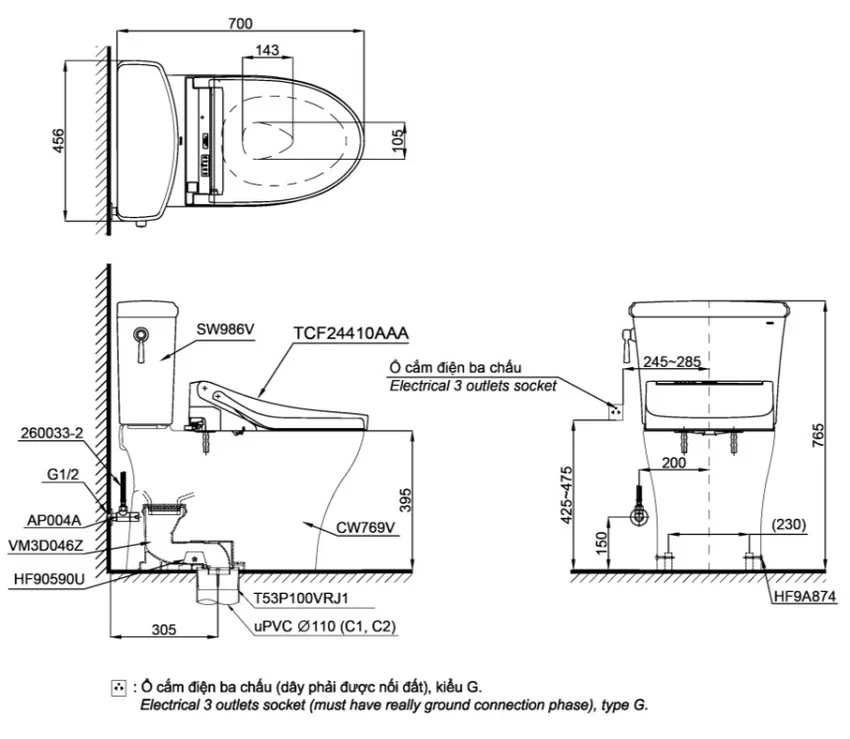 Bồn cầu TOTO CS986GW14 2 khối với nắp điện tử Washlet C5 TCF24410AAA - SKU: CS986GW14#XW Bồn cầu TOTO CS986GW14 2 khối với nắp điện tử Washlet C5 TCF24410AAA