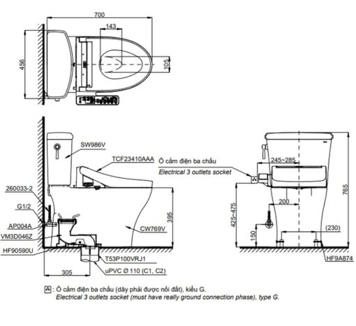 Bồn cầu TOTO CS986GW16 2 khối nắp điện tử Washlet C2 TCF23410AAA