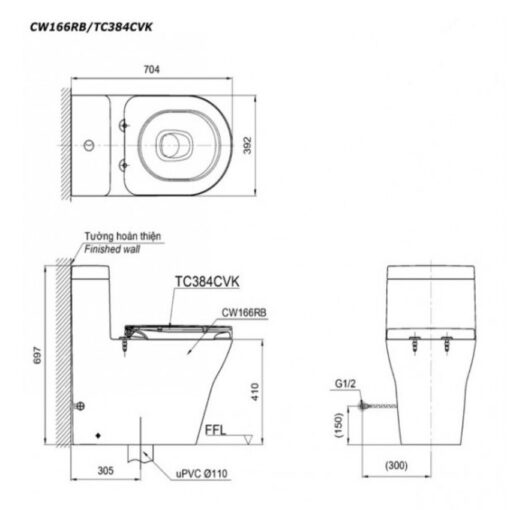 Bồn cầu TOTO CW166RB TC384CVK T53P100VR 1 khối nắp đóng êm