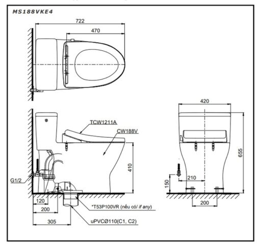 Bồn cầu TOTO MS188VKE4 T53P100VR 1 khối nắp rửa cơ TCW1211A