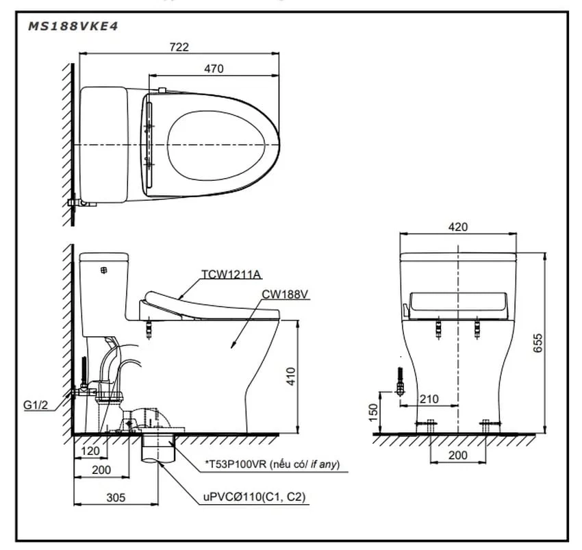 Bồn cầu TOTO MS188VKE4 T53P100VR 1 khối nắp rửa cơ TCW1211A 5 Bồn cầu TOTO MS188VKE4 T53P100VR 1 khối nắp rửa cơ TCW1211A