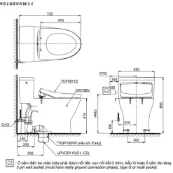 Bồn cầu TOTO MS188VKW11 T53P100VR 1 khối nắp điện tử Washlet S7 TCF4911Z