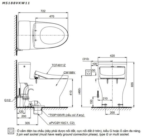 Bồn cầu TOTO MS188VKW11 T53P100VR 1 khối nắp điện tử Washlet S7 TCF4911Z