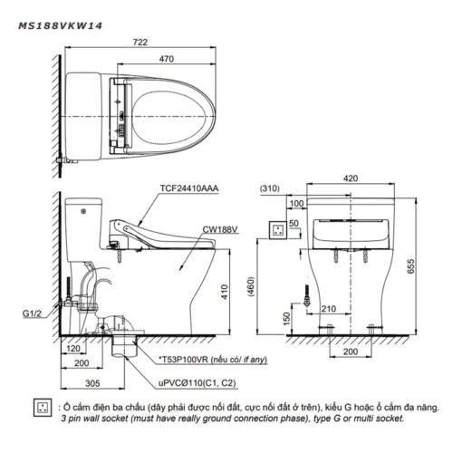 Bồn cầu TOTO MS188VKW14 T53P100VR 1 khối nắp điện tử Washlet C5 TCF24410AAA