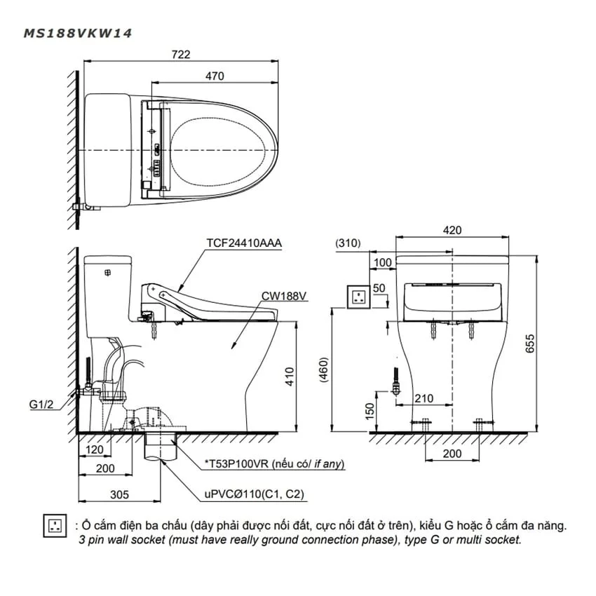 Bồn cầu TOTO MS188VKW14 T53P100VR 1 khối nắp điện tử Washlet C5 TCF24410AAA 9 Bồn cầu TOTO MS188VKW14 T53P100VR 1 khối nắp điện tử Washlet C5 TCF24410AAA