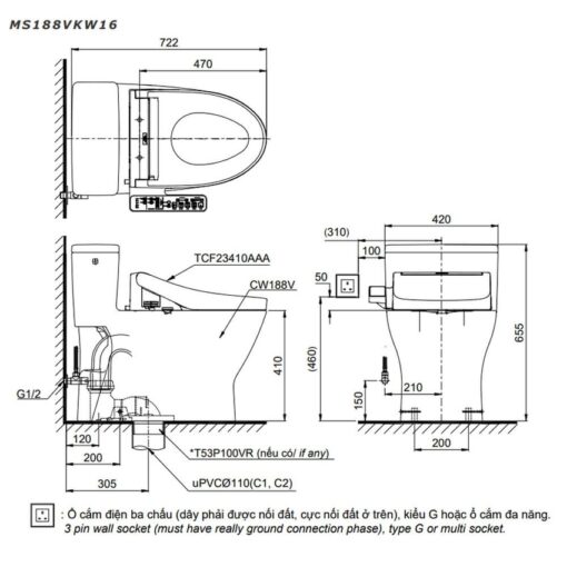 Bồn cầu TOTO MS188VKW16 T53P100VR 1 khối nắp điện tử Washlet C2 TCF23410AAA