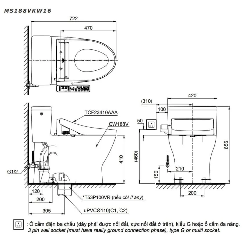 Bồn cầu TOTO MS188VKW16 T53P100VR 1 khối nắp điện tử Washlet C2 TCF23410AAA 9 Bồn cầu TOTO MS188VKW16 T53P100VR 1 khối nắp điện tử Washlet C2 TCF23410AAA