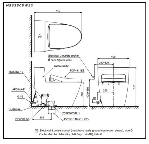 Bồn cầu TOTO MS625CDW12 1 khối nắp điện tử Washlet S7 TCF4911EZ giấu dây