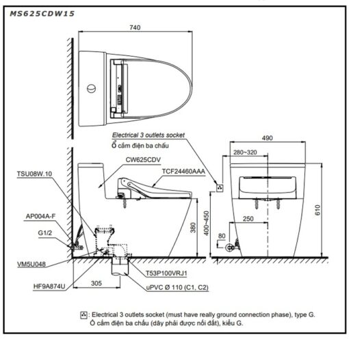 Bồn cầu TOTO MS625CDW15 1 khối nắp điện tử Washlet C5 TCF24460AAA giấu dây