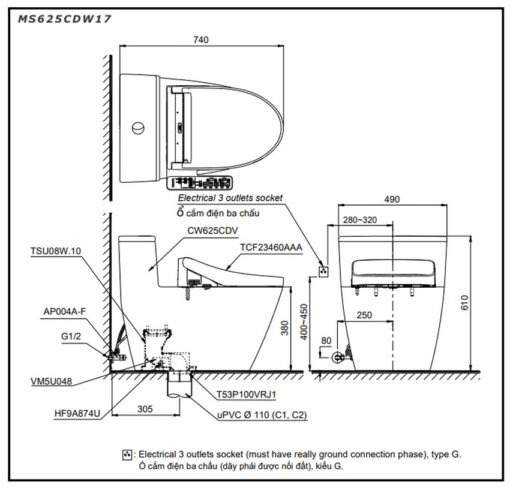 Bồn cầu TOTO MS625CDW17 1 khối nắp điện tử Washlet C2 TCF23460AAA giấu dây
