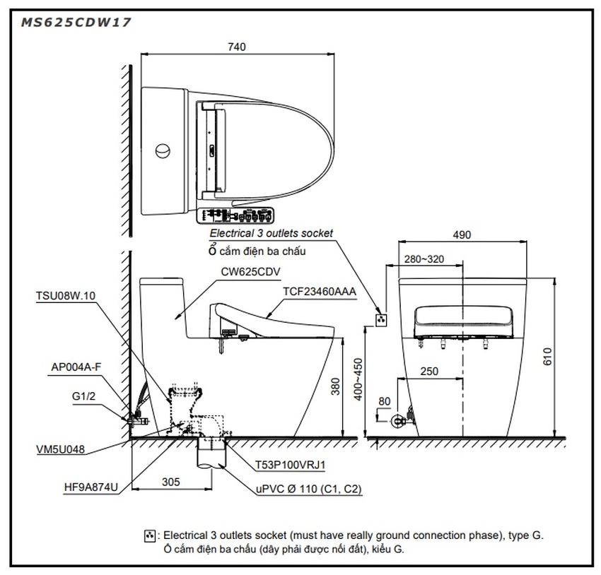 Bồn cầu TOTO MS625CDW17 Bồn cầu TOTO MS625CDW17