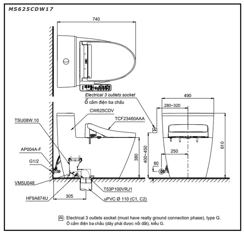 Bồn cầu TOTO MS625CDW17 Bồn cầu TOTO MS625CDW17