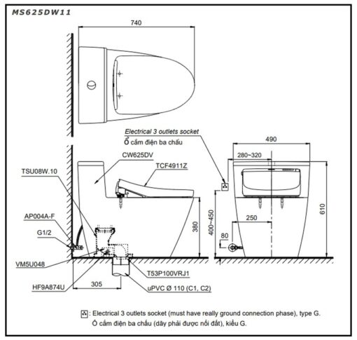 Bồn cầu TOTO MS625DW11 1 khối nắp điện tử Washlet S7 TCF4911Z